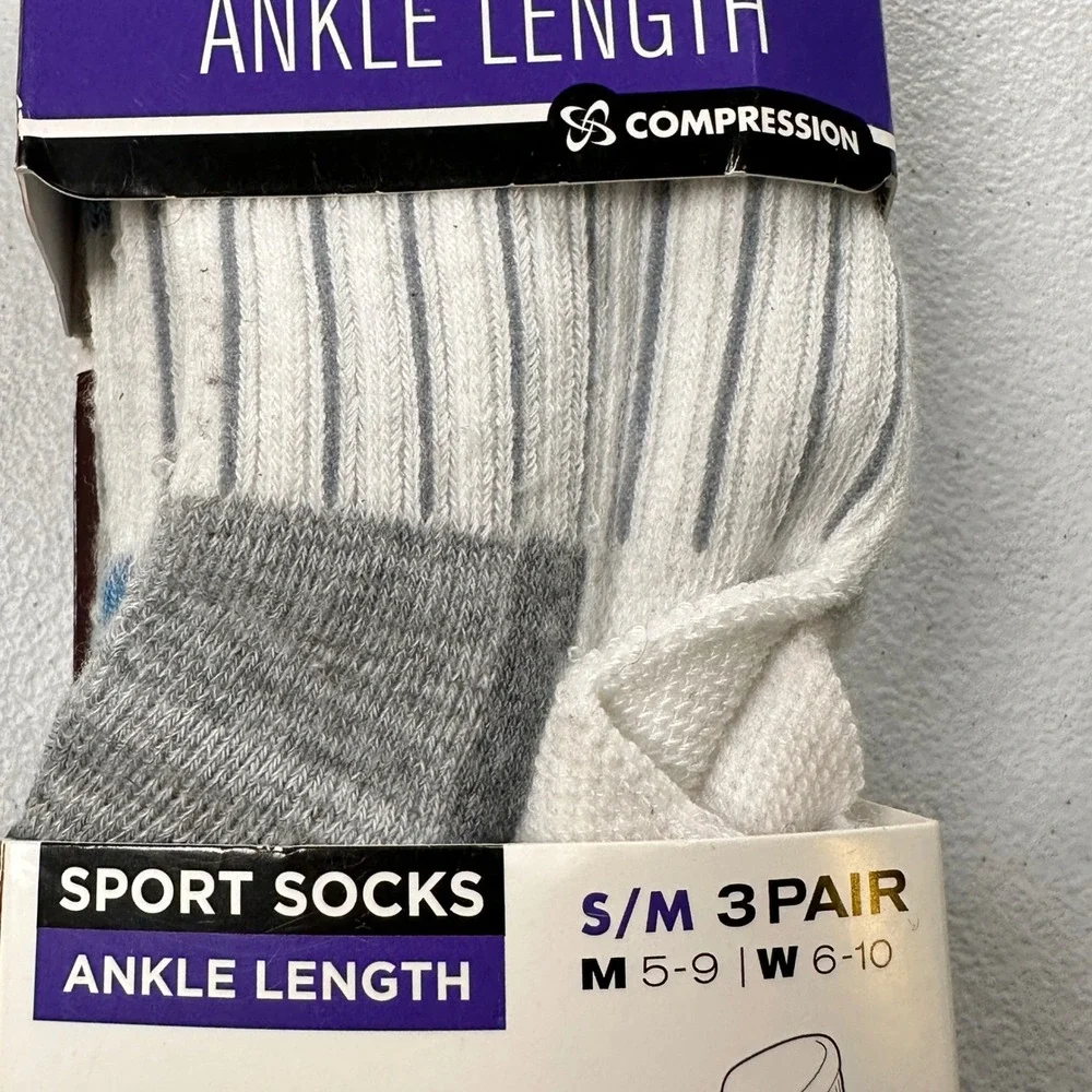 Copper Fit Sport Socks Ankle Compression White Grey Blue 3-Pair Pack S/M 5-9